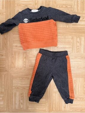 Timberland Charcoal & Orange Quilted Sweatshirt and Joggers Set - Kids